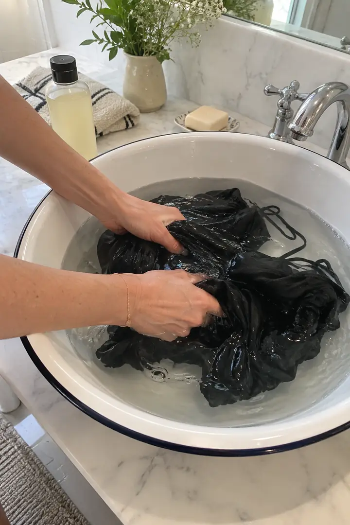 Hands rinsing a black dress in a white basin of cold water