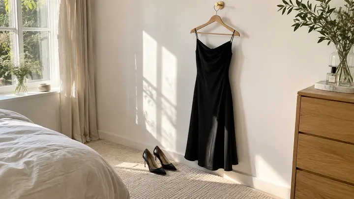 Black crepe dress on a wooden hanger beside a white wall, with black pumps on a cream rug