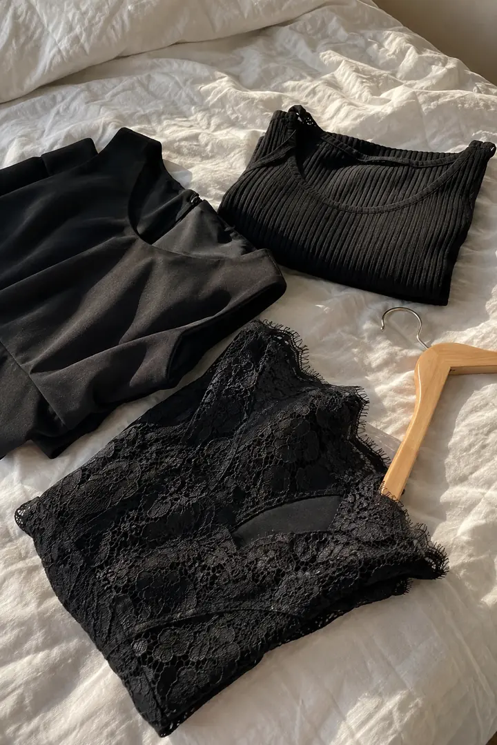 Three black dresses folded on linen: matte crepe, ribbed jersey and black lace