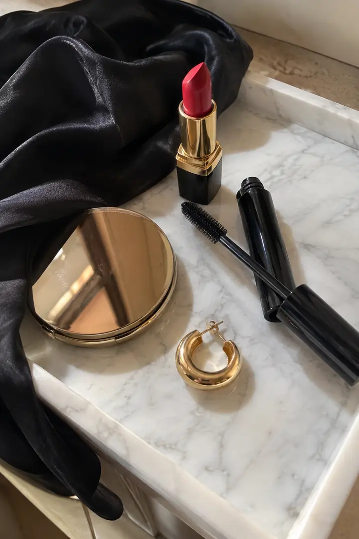 Flat lay of red lipstick, mascara, a powder compact and a black silk scarf on white marble