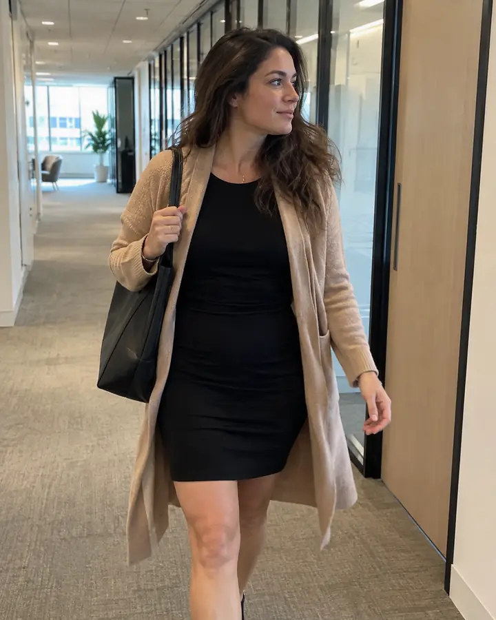 Woman in a black sheath dress and long camel cardigan walking down an office corridor